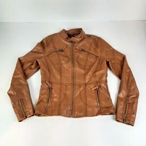 🛍Brave Soul Brown Faux Leather Moto Biker Jacket Size M Womens Zippered Pockets
